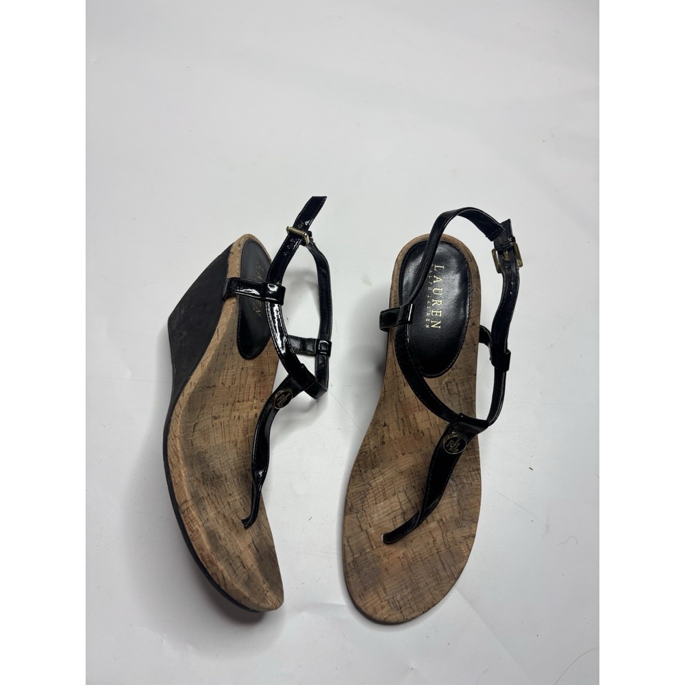 Lauren Ralph Lauren Reeta Buckle T-Strap Cork Wedge Sandals Black Womens 9.5 SEE